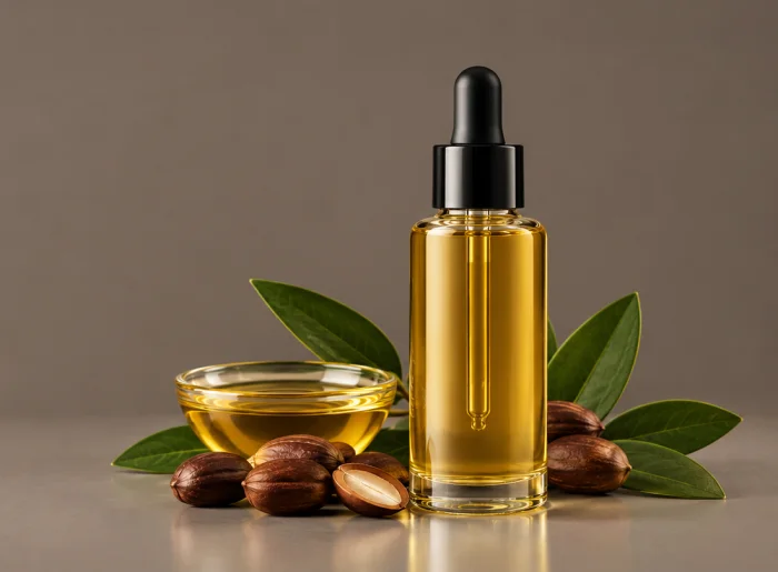 Óleo de jojoba num frasco conta-gotas, ao lado de uma tigela de vidro com o óleo, sementes de jojoba e folhas verdes