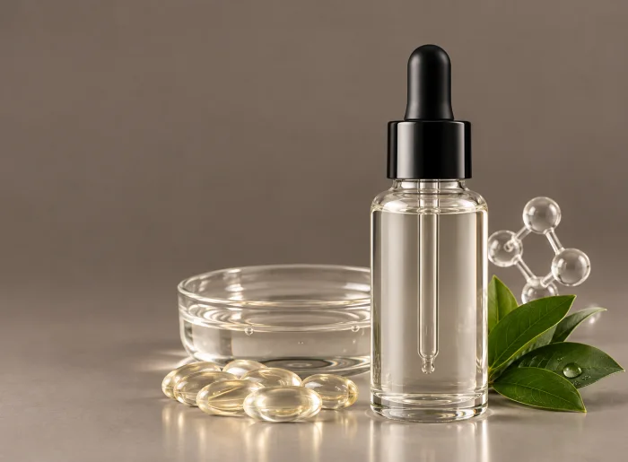 Frasco conta-gotas de vidro com sérum transparente, cápsulas translúcidas, uma placa de Petri e um modelo de molécula
