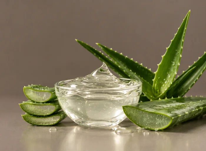 Gel de aloe vera numa tigela de vidro, ao lado de folhas de babosa fatiadas e folhas inteiras