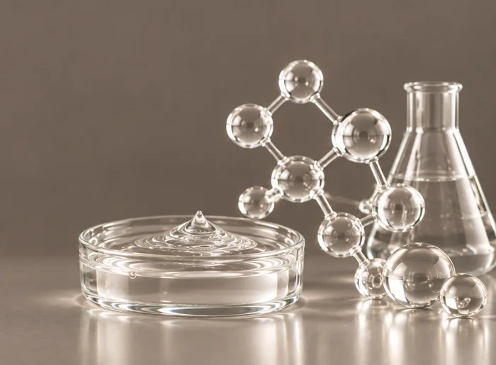 Placa de Petri de vidro com uma gota caindo no líquido, ao lado de um modelo de molécula e um frasco erlenmeyer
