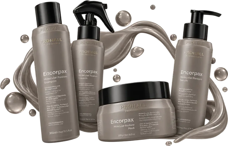 Shampoo, leave-in, máscara e sérum Encorpax Molecular Restore envoltos por um fluxo de textura cor de areia