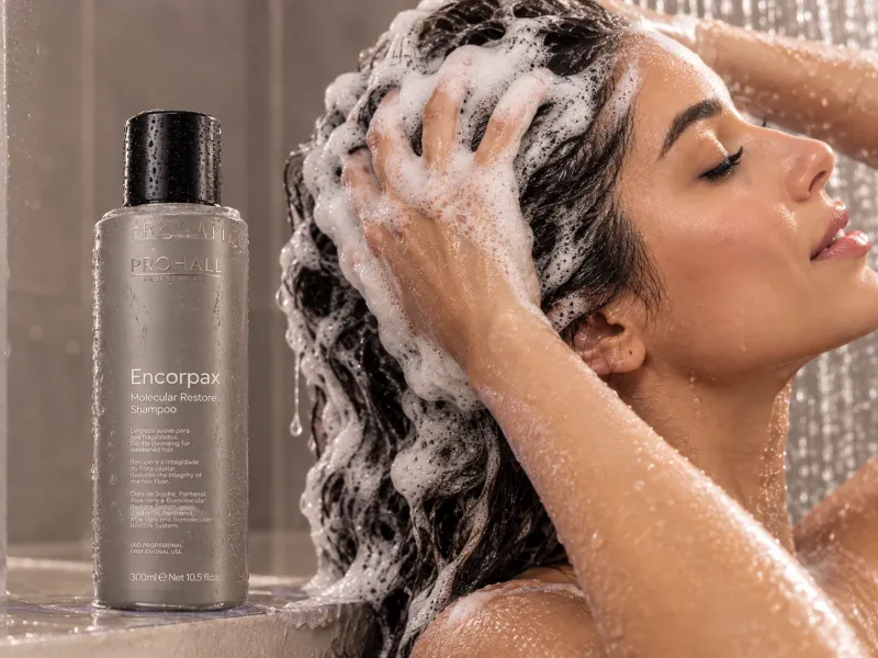 Mulher no chuveiro massageando o couro cabeludo com espuma, ao lado do frasco do Shampoo Encorpax Molecular Restore